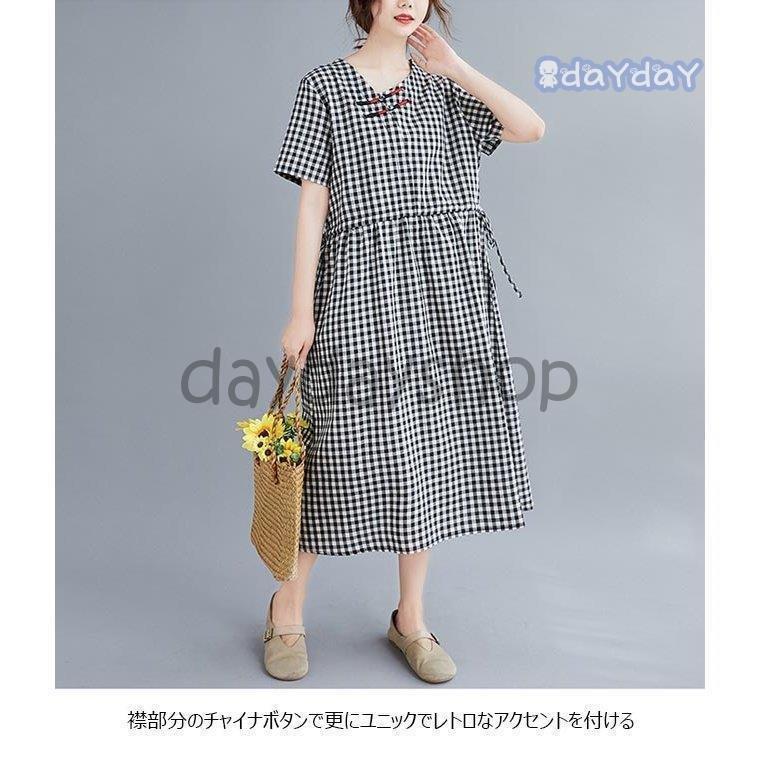 ワンピース 夏 レディース 半袖ワンピース チェック柄 サマーワンピース 体型カバー チャイナドレス 半袖 ロングワンピ ミモレワンピース 人気ブランド