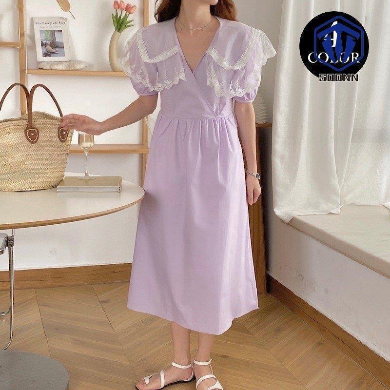 ファッション オータムセール ワンピース レディース 夏服 半袖 バブルスリーブ Vネック ミディ丈 Aライン レース 襟付き レトロ カジュアル ゆったり 可愛い おしゃれ Pyljgvob7s Www Totenka Com