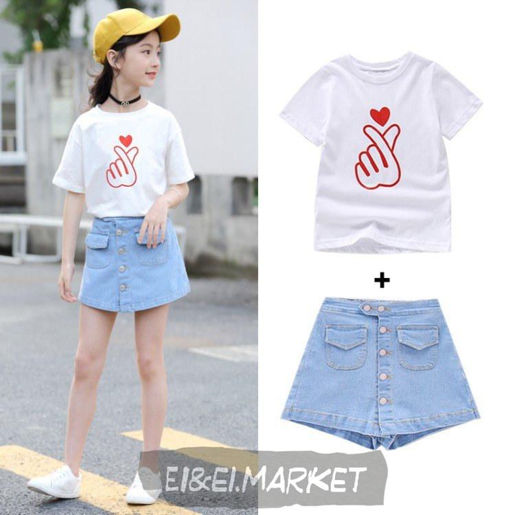 子供服 セットアップ キッズ 女の子 夏服 トップス Tシャツ 半袖 デニムスカート キュロット スカート 韓国子ども服 ジュニア ベビー服 おしゃれ 可愛い 新品 17超人気