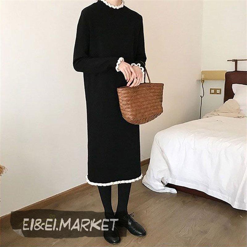 大阪激安 ワンピース ニット レディース バイカラー セーター クルーネック ロングワンピース 淑女 シンプル ガーリー ファッション トレンド カジュアル フェミニン お早め発送 Www Superavila Com