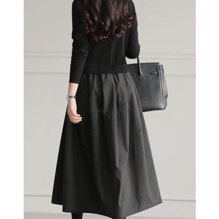 ワンピース レディース 黒ワンピ おしゃれ きれいめ 40代 50代 無地ワンピース ロング丈 着痩せ 長袖 丸首 ゆったり 体型カバー 着痩せ 秋冬 Eilyq Ei Ei Market 通販 Yahoo ショッピング
