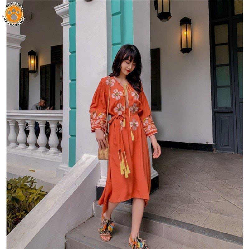 ワンピース レディース ロングワンピース Vネックワンピ 刺繍 リゾートワンピース21春夏 カジュアル 海旅行 七分袖 ワンピース変形裾 フレア袖 定番