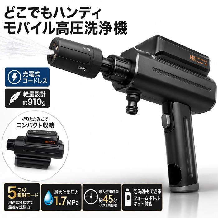 どこでもハンディモバイル高圧洗浄機 充電式 折りたたみ 給水 オムニ
