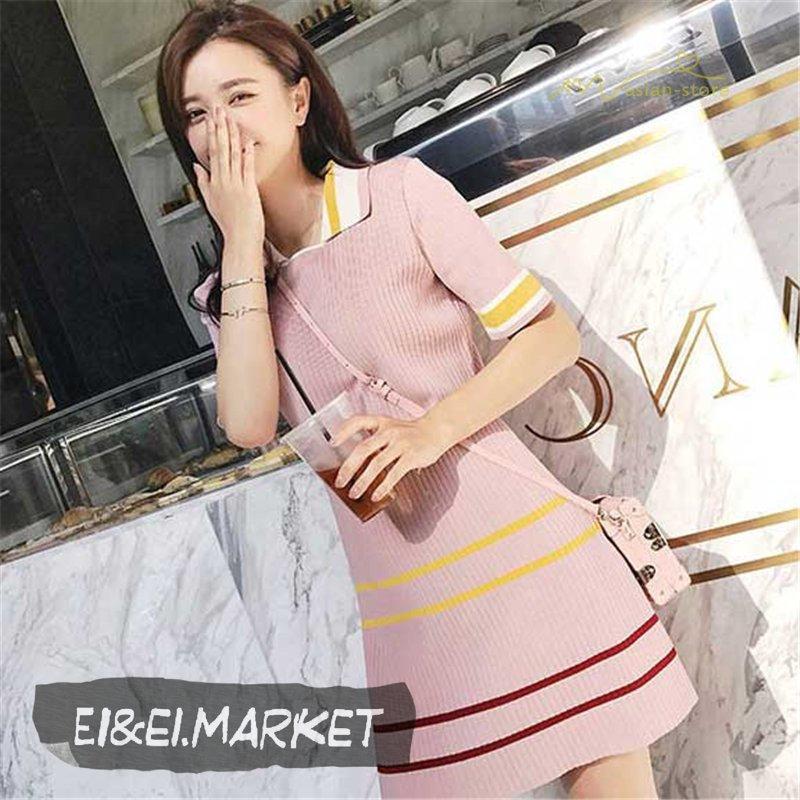激安正規 ワンピース レディース バイカラ Eihilyq ワンピース 折り襟 きれいめ サマーニットワンピース バイカラー ショート ワンピース 韓国風 通勤 サマーニットワンピース 通学 カジュアル ファッション ガーリー きれいめ お出かけ Eihilyq Eiko Shop