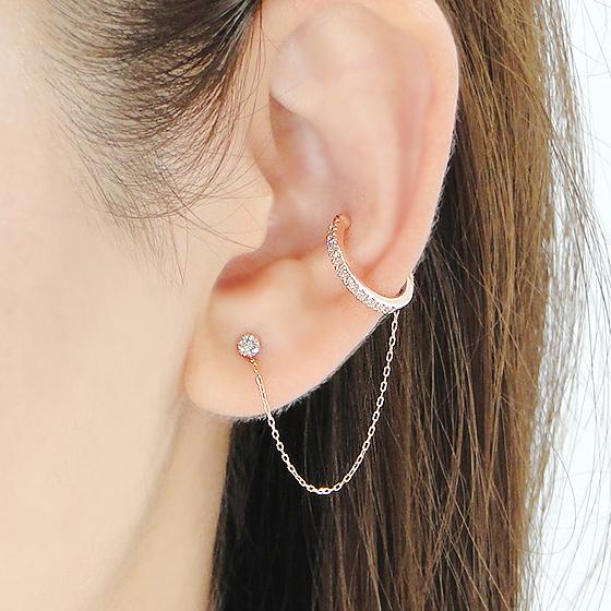 イヤーカフ K10PG チェーン付 ダイヤモンド 0.1ct ダイヤ ピアス 0.07 