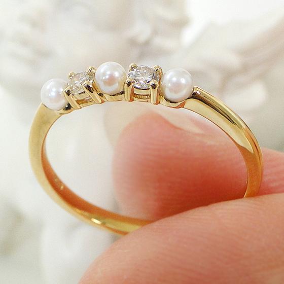 K18 YG 0.10ct アコヤ パール ダイヤモンド リング 送料無料 イエロー 