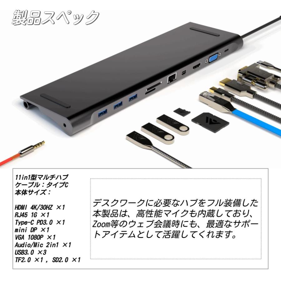 ドッキングステーション USB Type-C Hub ハブ タイプC 11in1 HD60 PD充電 4K HDMI 有線LAN カードリーダー USB3.0 USB-C Macbook ノートパソコン｜einverse｜04
