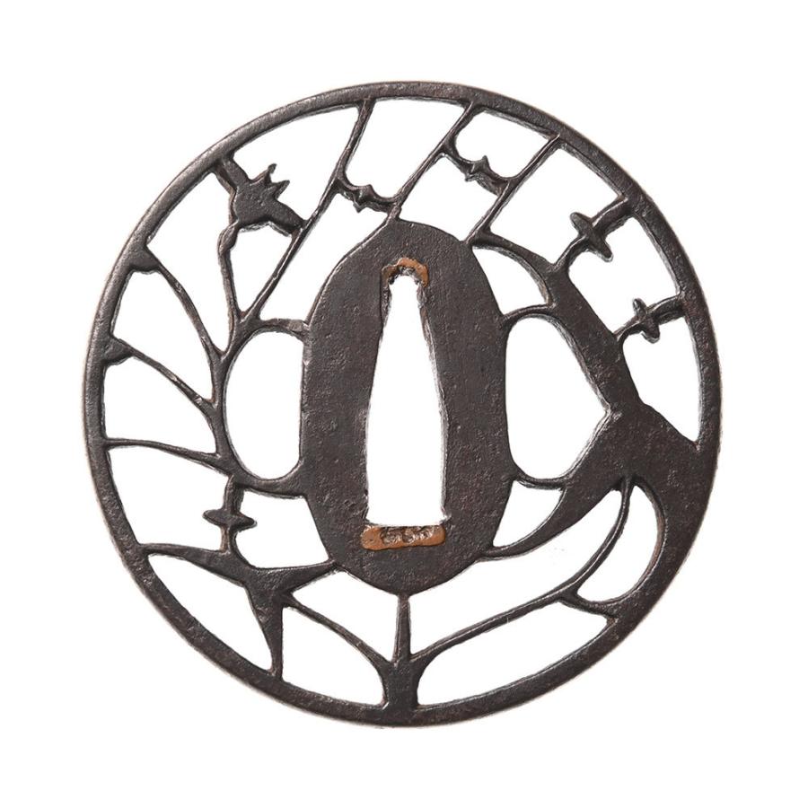 素赤銅地日本銭鋤彫鍔 銀覆輪 鍔箱付