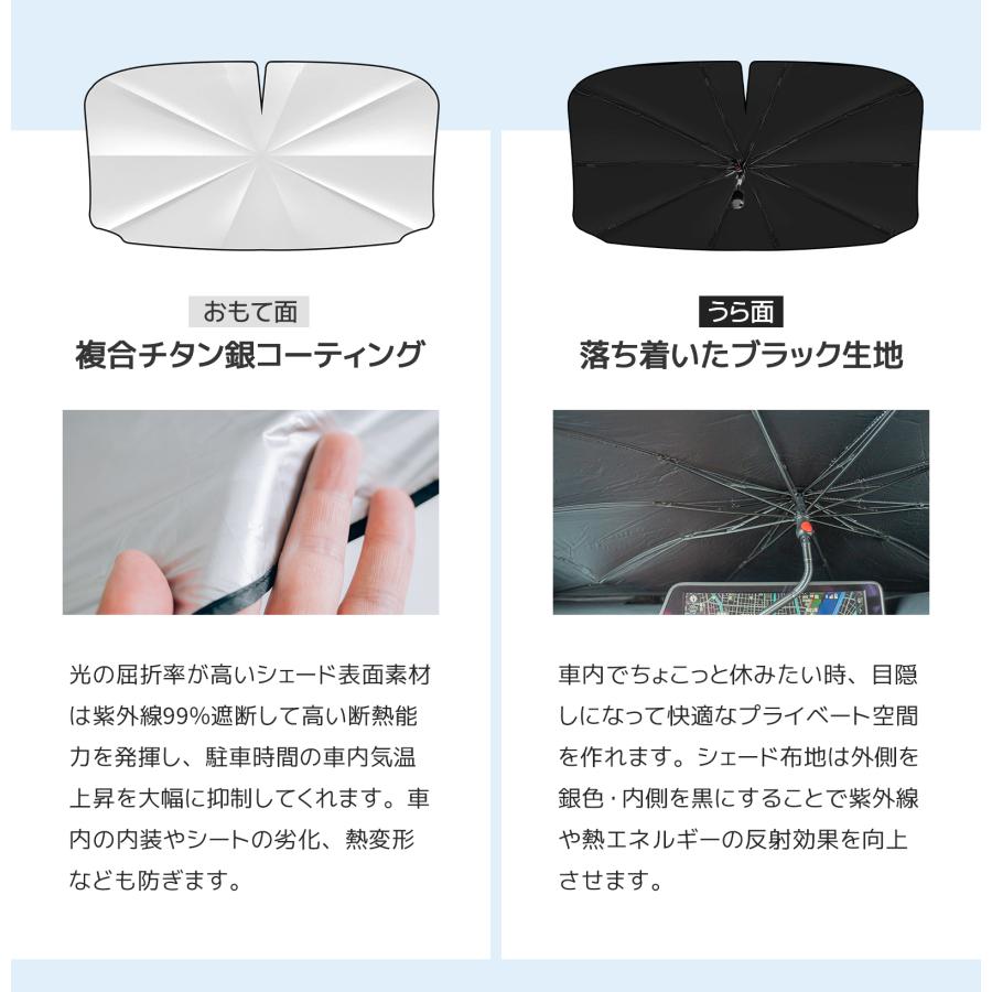 サンシェード 車 2024改良版 傘型 幅広さ調節可能 中棒が曲がる 折りたたみ 切込み口 ツユ先強化 フロント 遮光断熱 ダッシュボード保護 日除け 10本骨 暑さ対策｜eiri-shop｜07