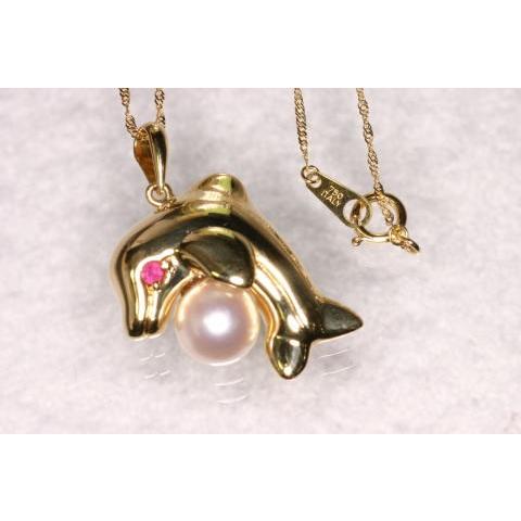 F-26  18金 　K18真珠を抱いたイルカのペンダント / ペンダントトップ＆チェーン |  | 01