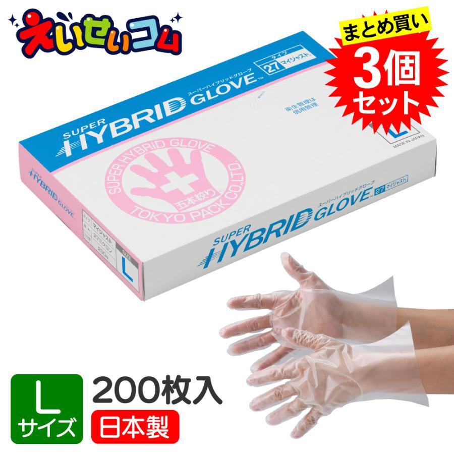 3個セット】 東京パック ポリエチレン手袋 Lサイズ 200枚入 クリア