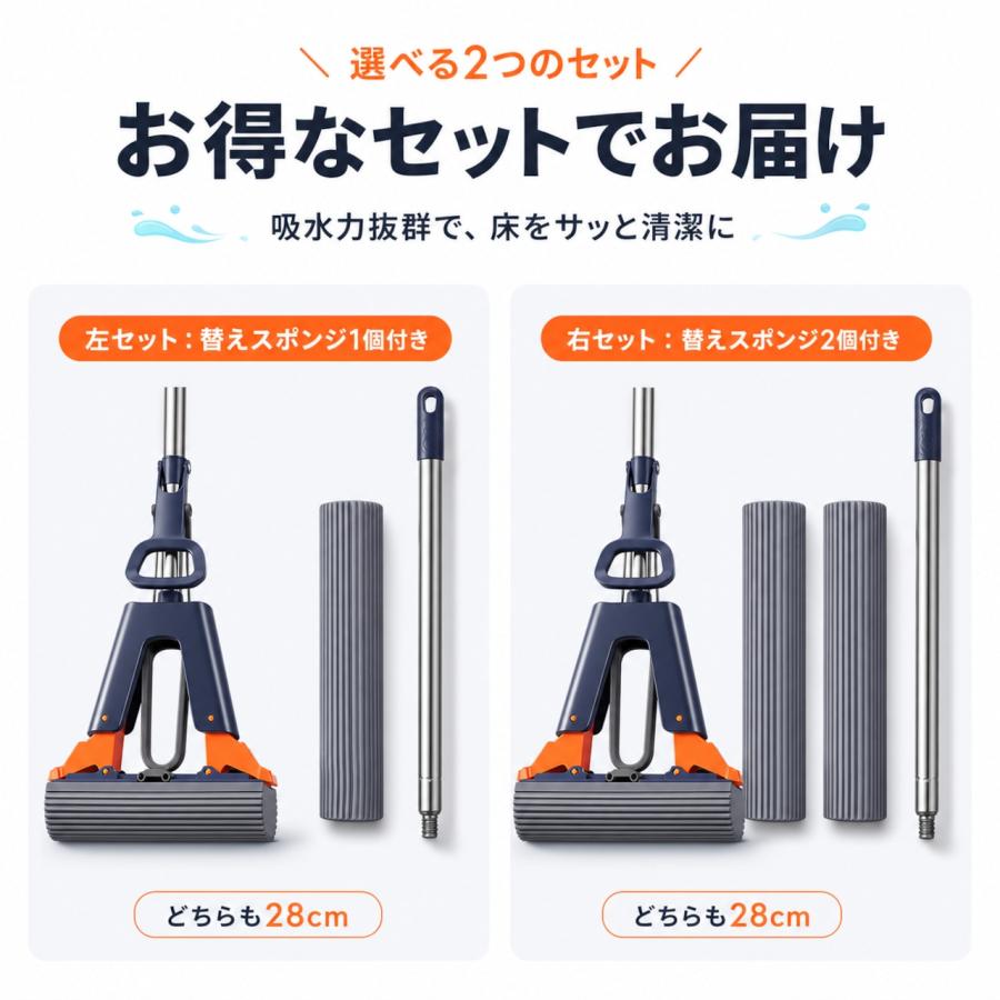 PVA スポンジモップ 両翼圧搾式 28cm ハンズフリーモップ 手を汚さず