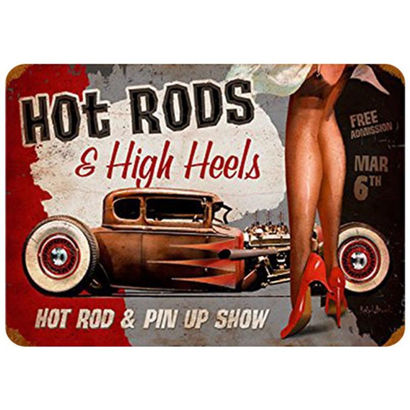 Hot Rods ホットロッズとハイヒール アメ車 レトロ調 メタルサイン アメリカ雑貨 ブリキ看板/飾り/バー/レストラン/カフェ/喫茶店 20cm*30cm tpce136EIWA