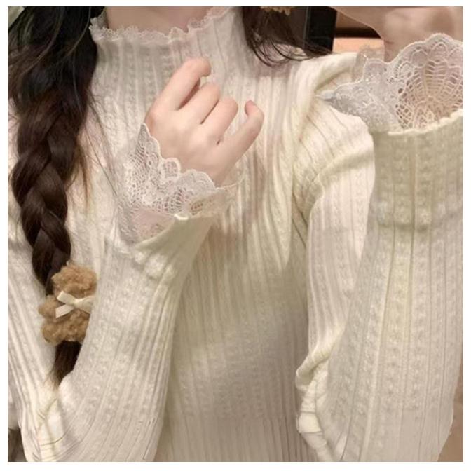 クーポンで200円オフ】ニット 袖レース ハイネック トップス 長袖