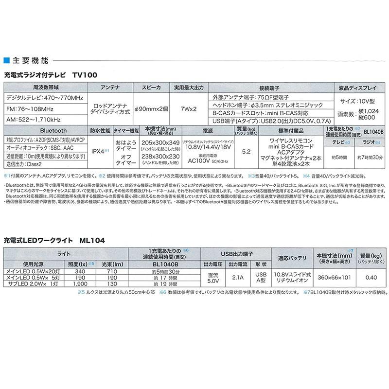 マキタ makita 災害用 TVコンボキット CK1010 ラジオ付きテレビ TV100 LEDワークライト ML104 バッテリ BL1040B 充電器 DC10SA 送料無料 088381899208｜ejoy｜10