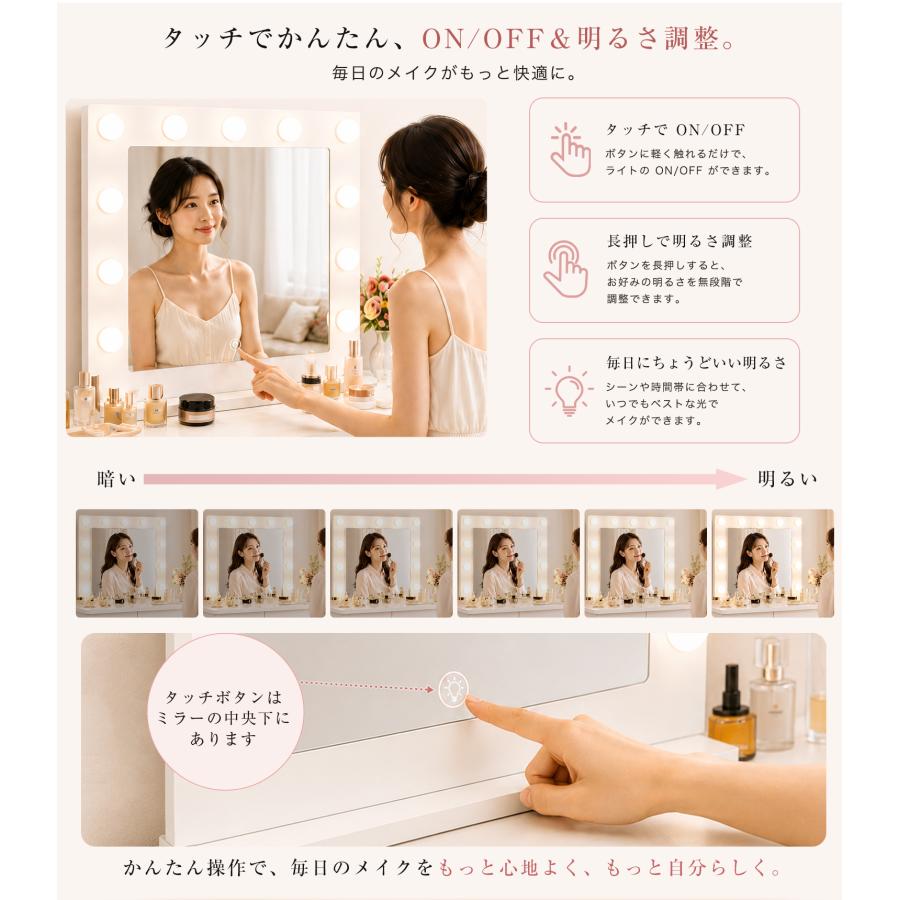 ドレッサー LEDライト付き 女優ミラー 化粧台 スツール付き メイク台