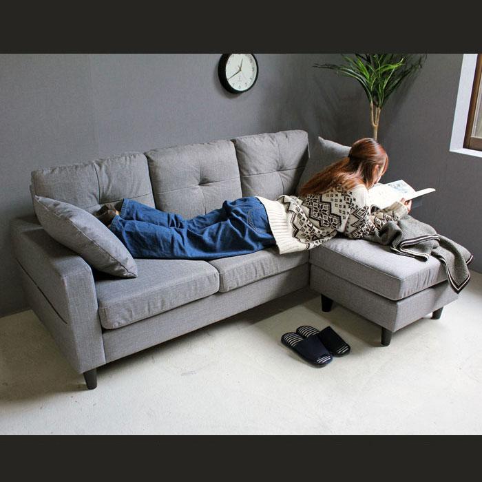 カウチソファー コーナーソファー クッション付き コンパクト 3人掛け