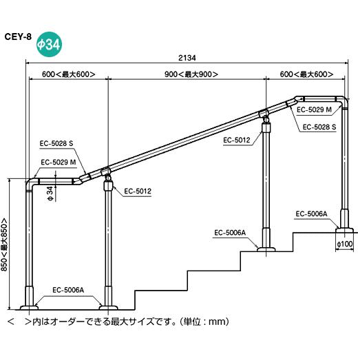 (代引き不可) φ34 屋外オーダー手すり 標準サイズ CEY-8 矢崎化工 (介護 手すり 手すり 屋外 手すり 介護 用) 介護用品     商品情報    サイズ／10×213.4 ×85cmパイプ径：φ34材質／手すり：プラスチック被覆ステンレスパイプ、支柱：塗装ステンレ