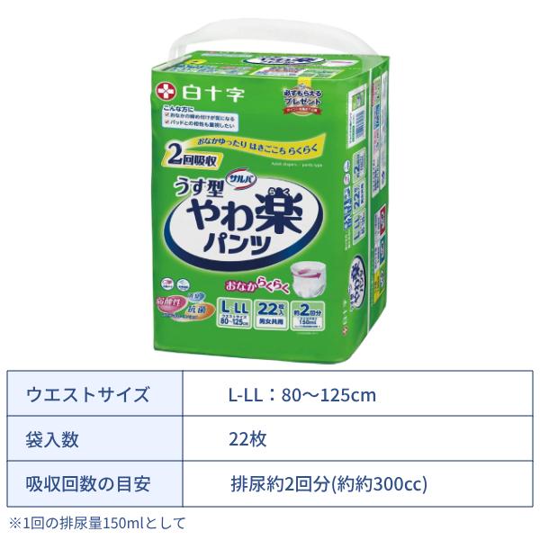 大人用紙パンツ 約2回分 おなかゆったり サルバ やわ楽パンツ 男女共用 M-L:24枚 L-LL:22枚 白十字 介護用品 | サルバ | 03