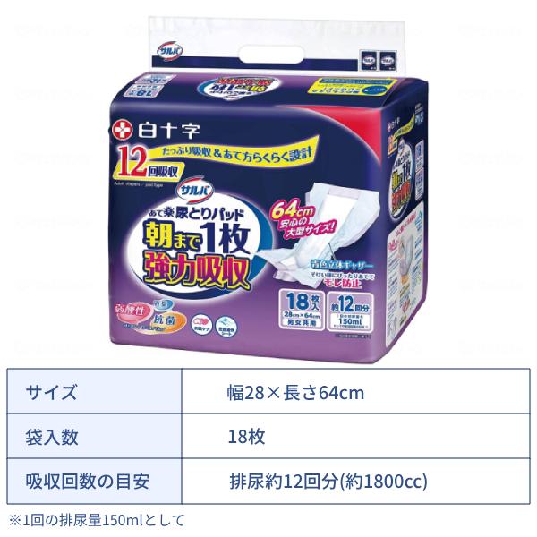約12回分吸収 尿とりパッド 男女共用 サルバ 朝まで1枚ぐっすりパッド強力吸収 18枚 白十字 尿ケア おむつ パッド 大人用紙おむつ パッドタイプ 介護用品 | サルバ | 01