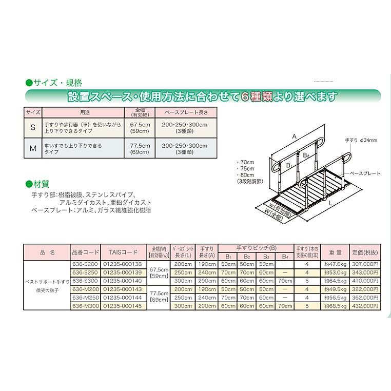 (代引き不可) ベストサポート手すり 微笑の撫子 200cm 636-S200 シコク  (手すり付きスロープ 歩行器対応コンパクトタイプ スロープ) 介護用品 |  | 04