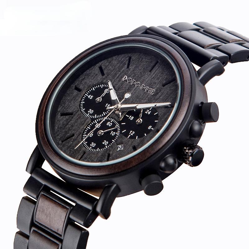腕時計 タイマー付き プッシュ式 夜光 クォーツ時計 ウォッチ 木製文字盤 メンズ腕時計 ビジネス