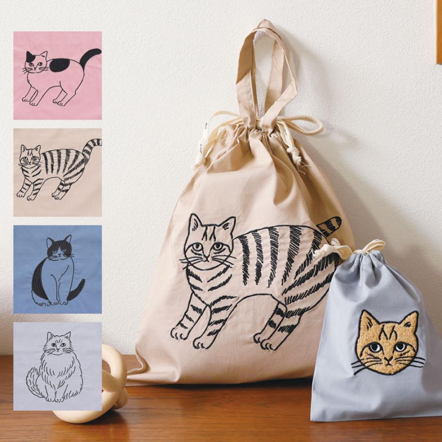 松尾ミユキ 刺繍巾着 L｜Drawstring bag L 猫 キャット 雑貨 かわいい