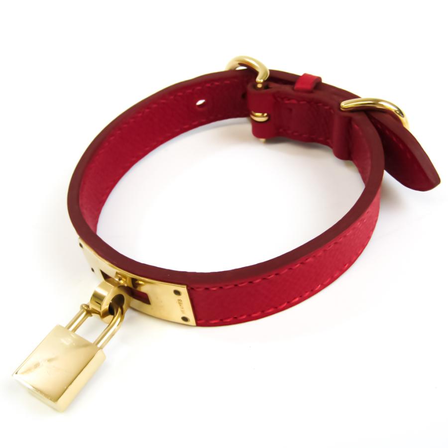エルメス ケリー カデナ 犬 首輪 レザー メタル ゴールド,レッド