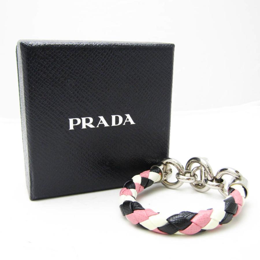 PRADA（プラダ） 編み込み レザー,メタル チャームブレスレット 