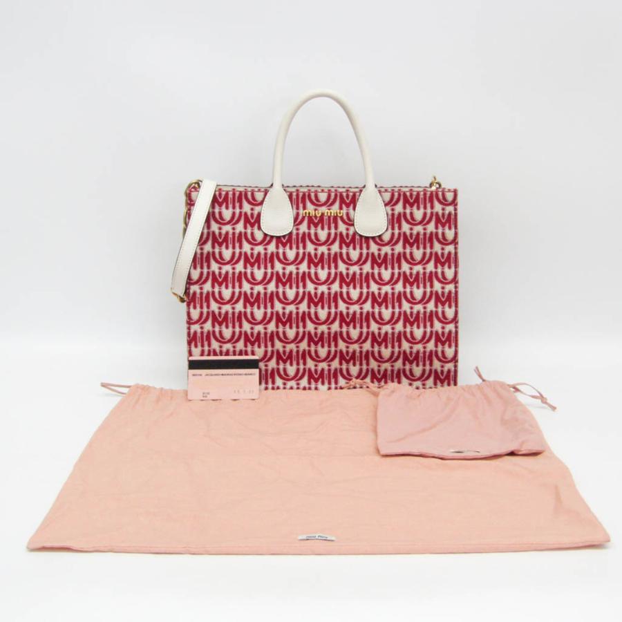 ミュウミュウ(Miu Miu) 5BG156 レディース ジャカード，レザー ショルダーバッグ，トートバッグ レッド，ホワイト_1