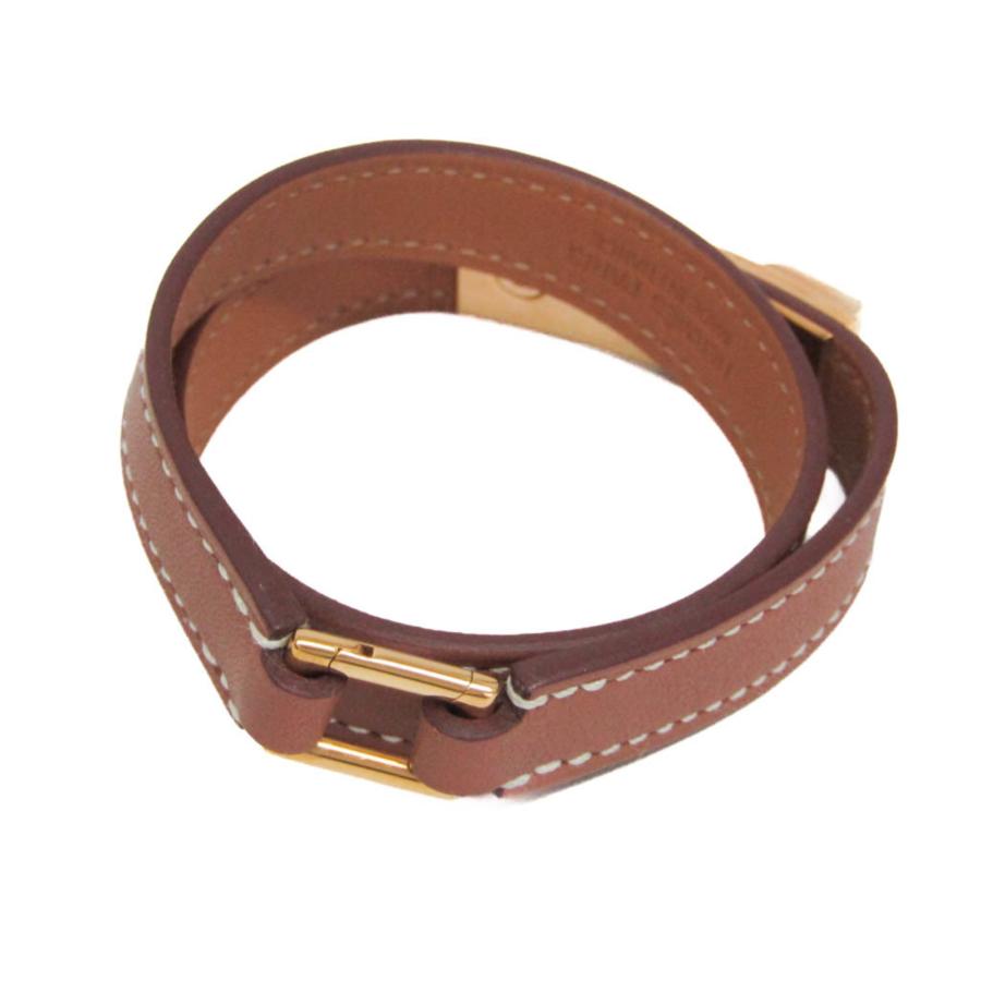 エルメス(Hermes) リヴァル ドゥブルトゥール レザー，メタル ラップブレスレット ピンクゴールド(PG)，ブラウン_1