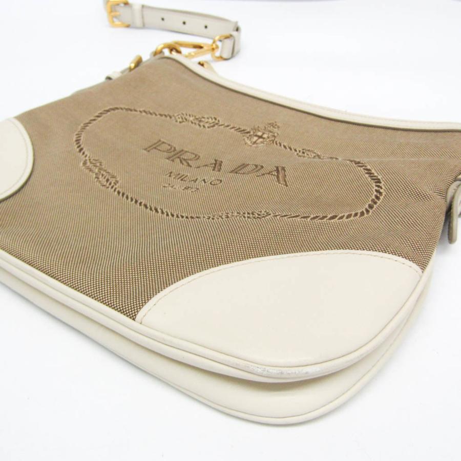 プラダ(Prada) ロゴ ジャガード BT867A レディース キャンバス,レザー ショルダーバッグ ベージュ,オフホワイトの画像