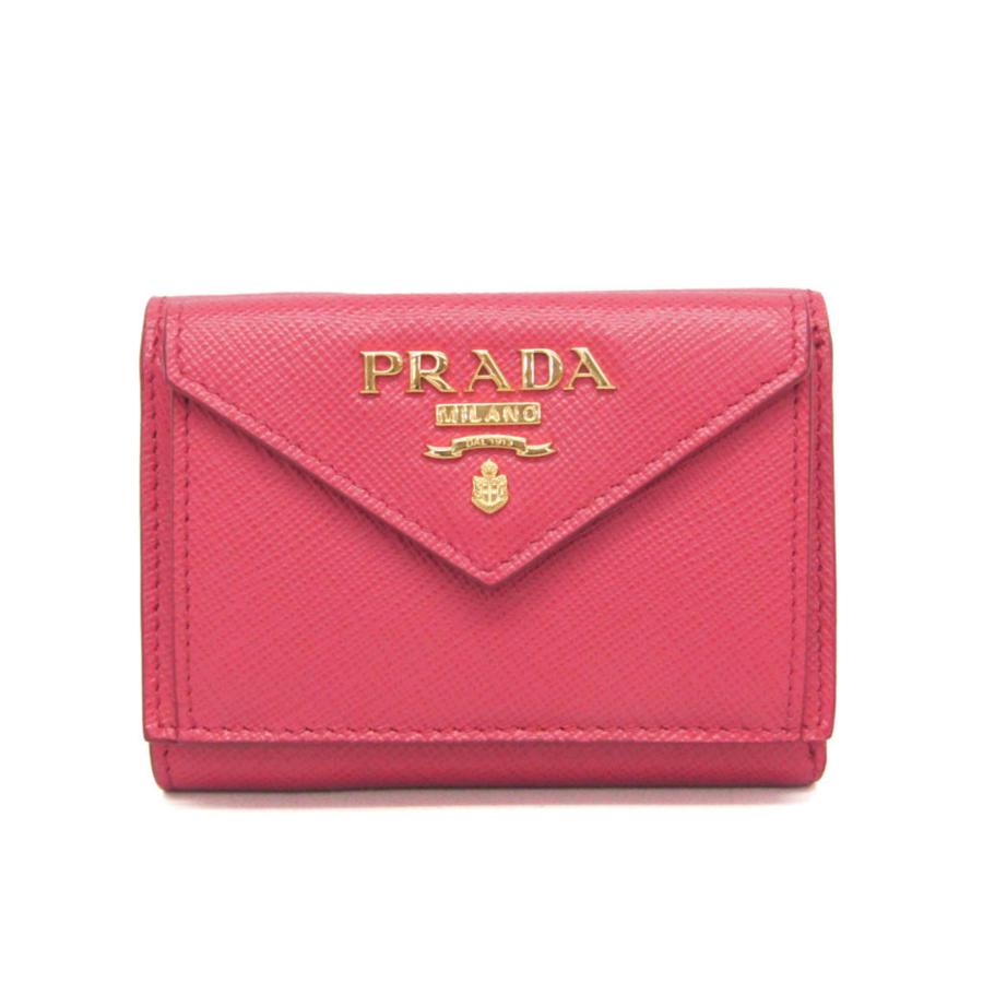 美品☆プラダ サフィアーノメタル 三つ折り財布 1MH021 ブラック×ピンク PRADA（プラダ） サフィアーノ SAFFIANO METAL 1MH021 レディース