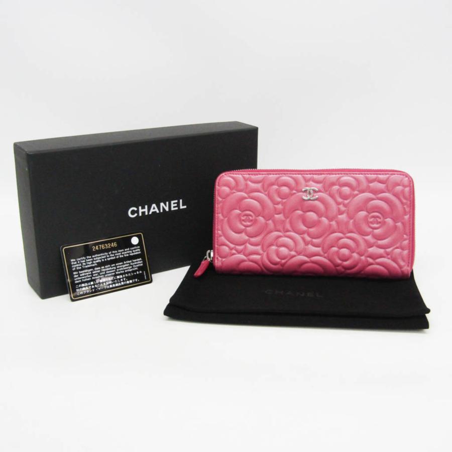 シャネル カメリア ラムスキン ラウンドジップウォレット ピンク シルバー CHANEL（シャネル） カメリア ラウンドジップ レディース ラムスキン