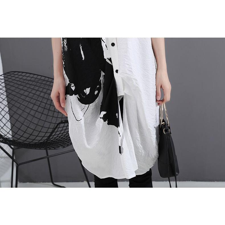 レディースワンピース 水墨風 個性的 プリントワンピ 半袖 シャツワンピ ロング丈 ひざ丈 ホワイト ブラック 黒 フリーサイズ 5459 1 Elaine Girl 通販 Yahoo ショッピング