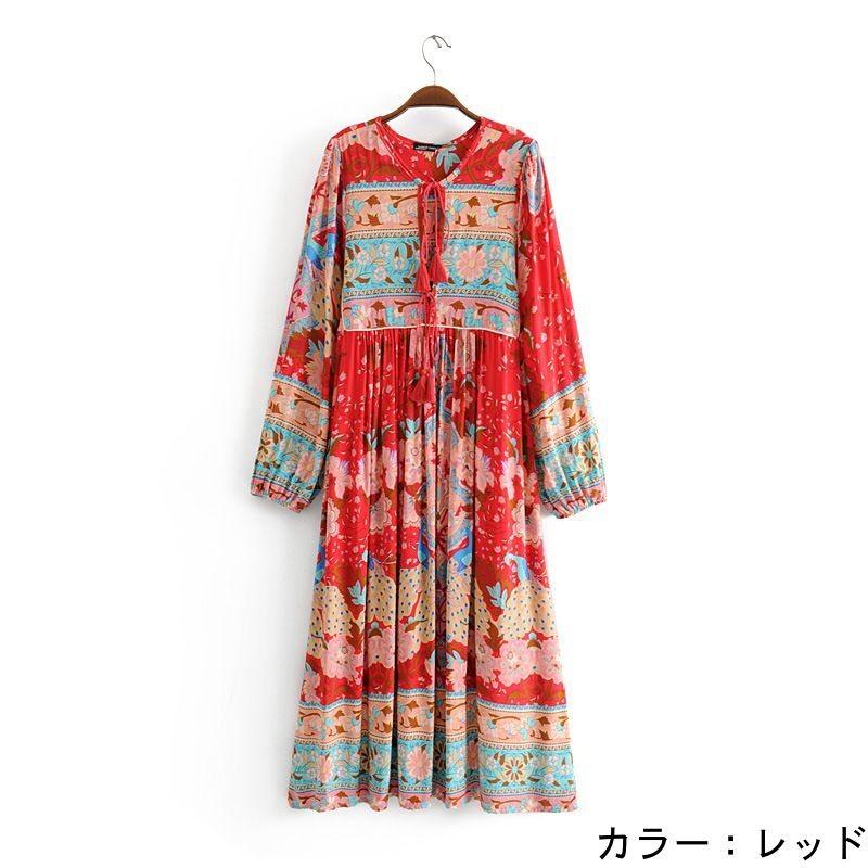 レディースワンピース レトロ調 プリントワンピ 長袖 ロング丈 レッド グリーン S M L A30 Elaine Girl 通販 Yahoo ショッピング