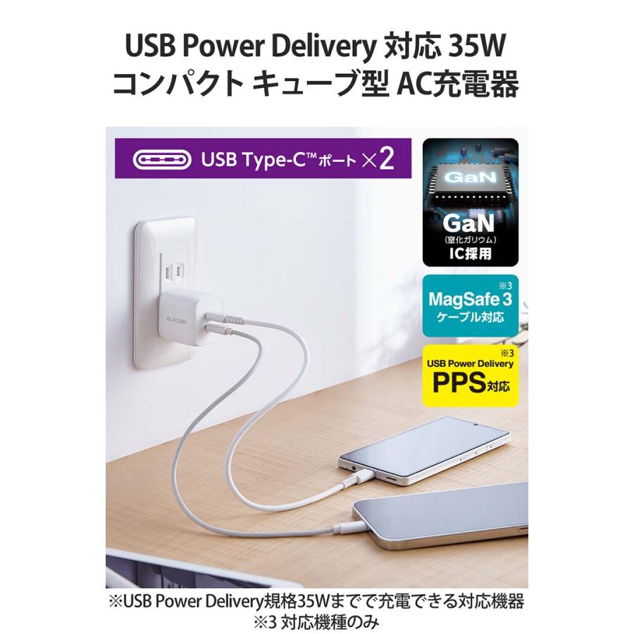ELECOM エレコム AC充電器 35W Type-C×2 PPS スイングプラグ ホワイト