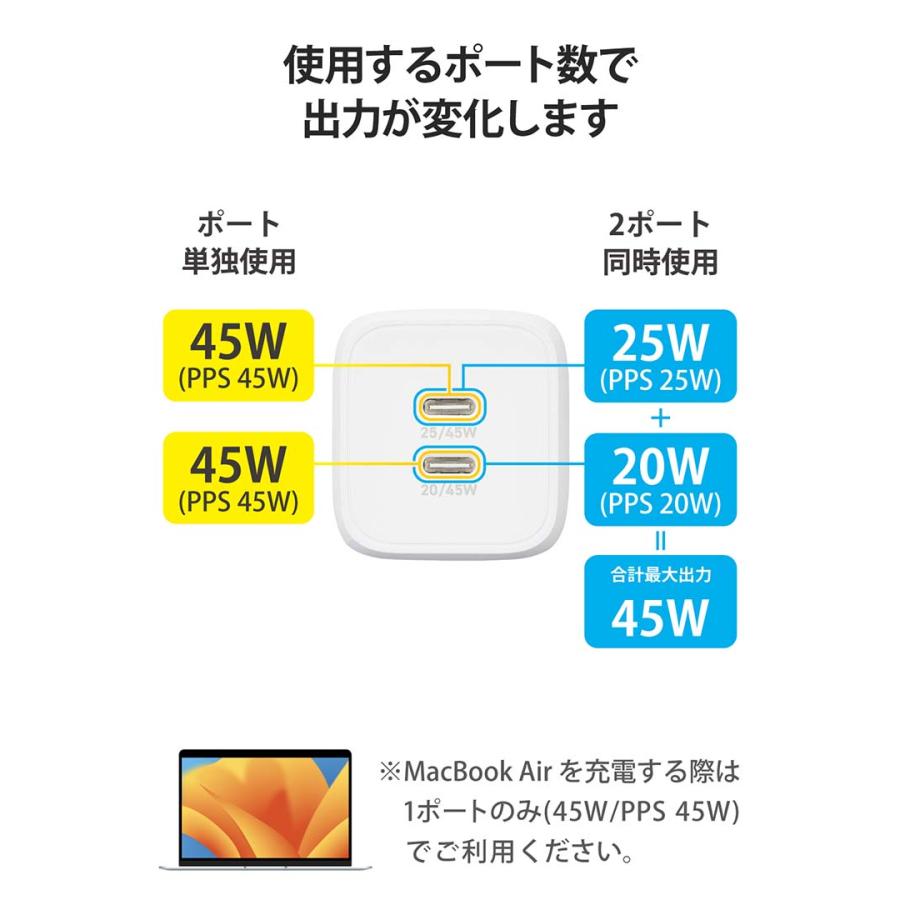 エレコム AC 充電器 45W 出力 Type-C 2ポート USB Power Delivery 対応 PPS対応 USB-C 2ポート スイングプラグ AC アダプター タイプC ホワイト┃EC-AC4245WH | ELECOM | 08