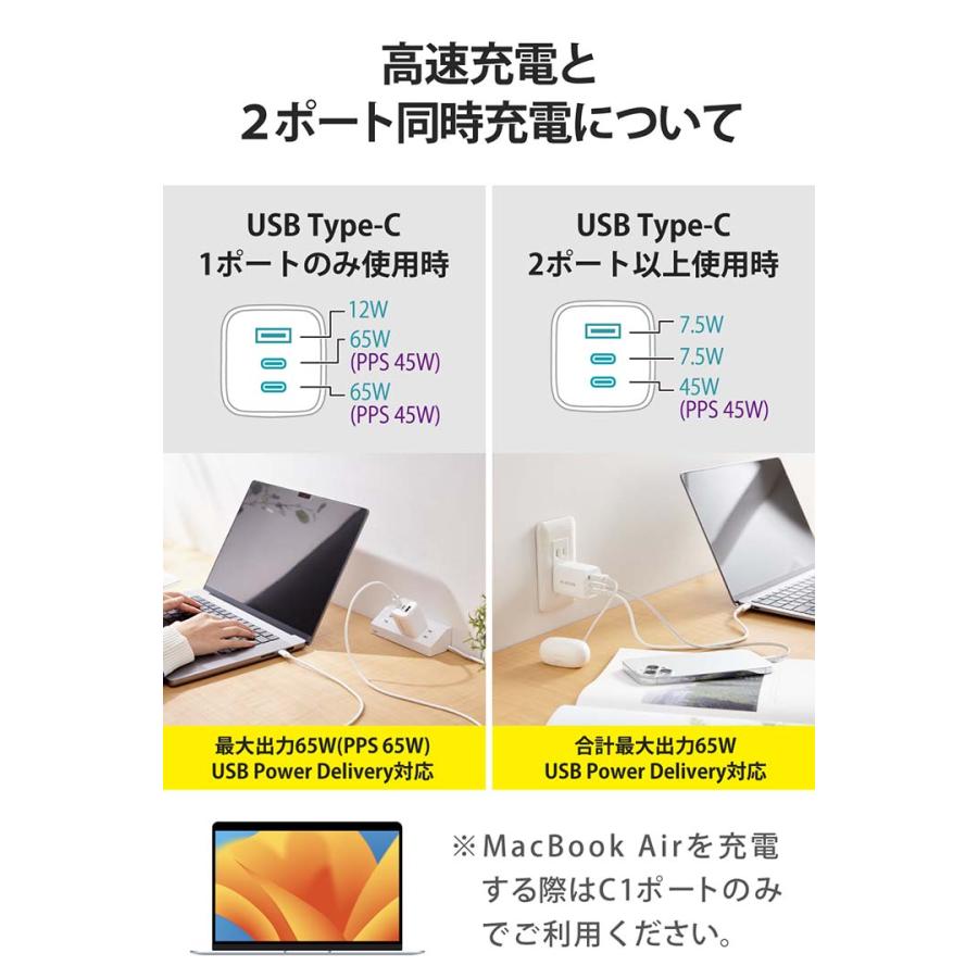 エレコム AC充電器 USB Power Delivery 65W Type-C×2 Type-A×1 USB充電器 USB-C USB-A type-c typec タイプC ポート付 3台 同時 iphone ホワイト┃EC-AC4465WH｜elecom｜08