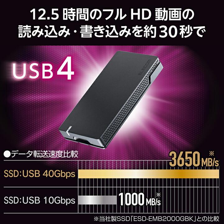 エレコム 外付けSSD USB 40Gbps (USB4) 対応 外付けポータブルSSD ポータブル Type-C 1TB ブラック  ESD-EHA1000GBK | ELECOM | 02