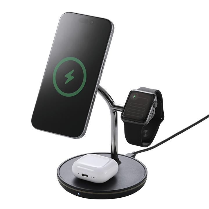 エレコム ワイヤレス充電器 3in1 スタンド with MagSafe マグネット対応 3in1 15W MfM認証 Apple Watch高速モジュール MfA認証 ブラック W-MS07BK | ELECOM | 01