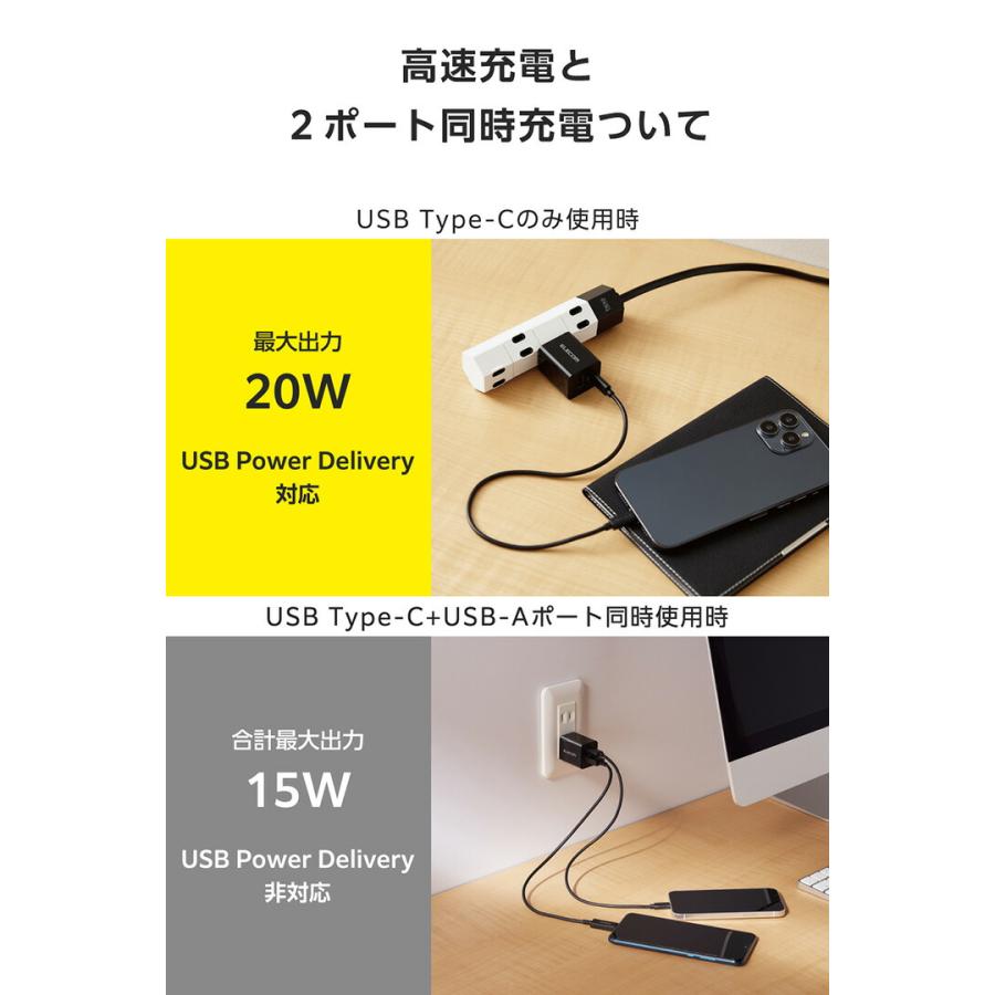 エレコム スマホ・タブレット用 AC充電器 USB Power Delivery 20W USB Power Delivery対応 USB 充電器 Type-C USB-A スイングプラグ ブラック EC-AC12020BK | ELECOM | 03