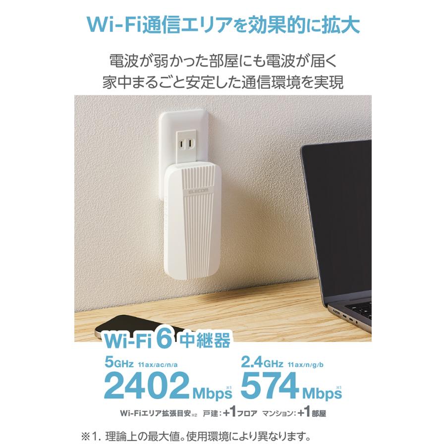 【中継機付】ELECOM Wi-Fi6ルーター2402Mbps+Wi-Fi中継機 Wi-Fi 6(11ax) 2402+574Mbps無線LAN中継器 - WTC-X3000GS-W