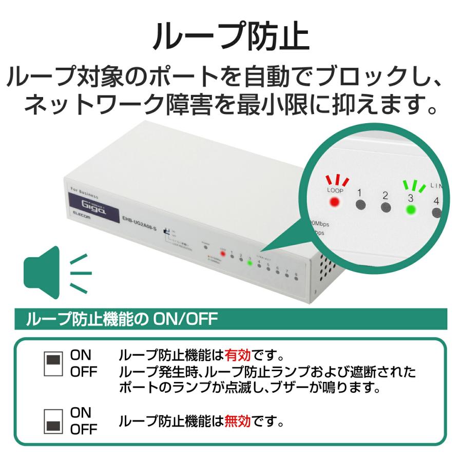 スイッチングハブ 1000BASE-T対応 ハブ 8ポート 3年保証 耐熱50℃ ループ防止機能 省エネ機能┃EHB-UG2A08-S アウトレット エレコム わけあり 在庫処分｜elecom｜08