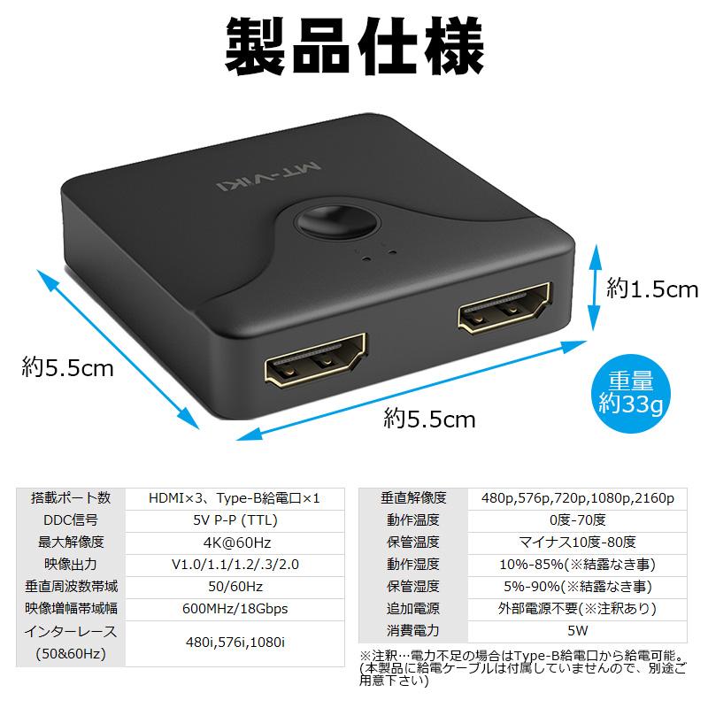HDMI切替器 双方向対応 4K@60Hz 2入力1出力 1入力2出力 分配器