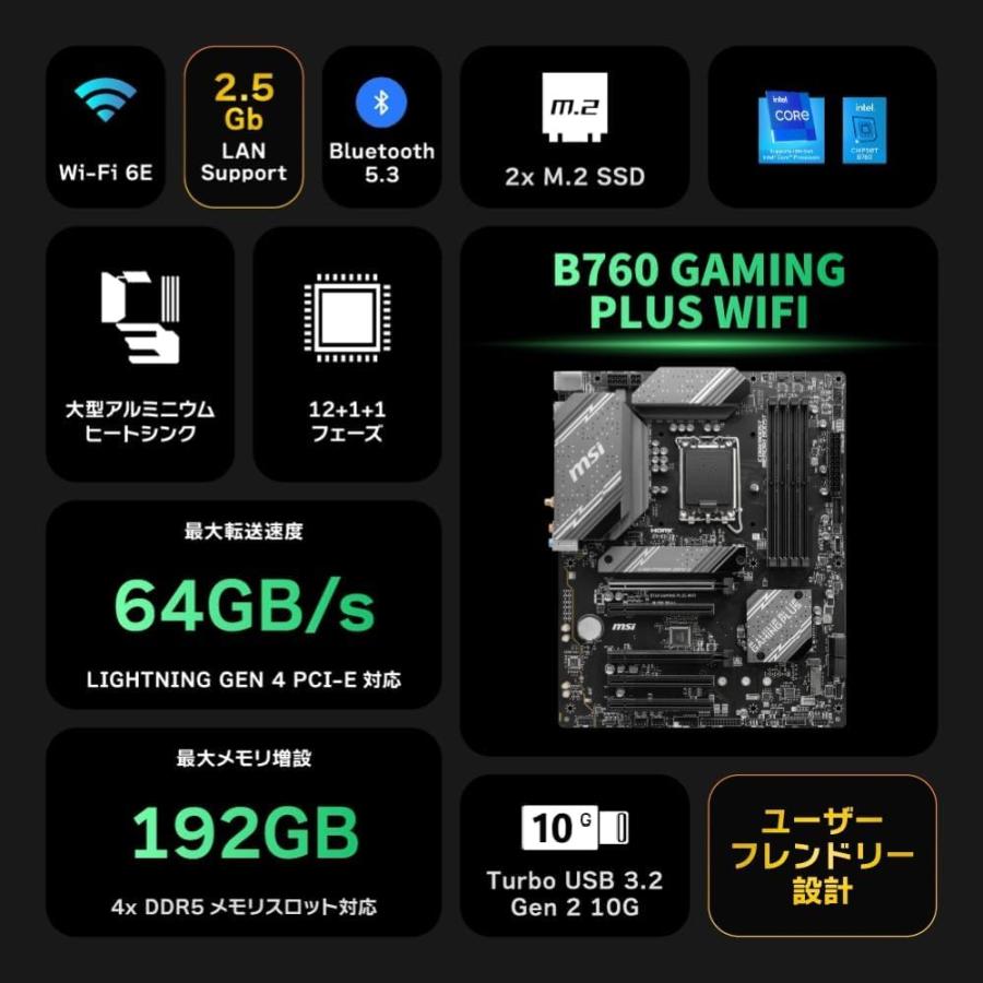 1年延長保証版 MSI B760 GAMING PLUS WIFI/A DDR5 マザーボード 第13/12世代CPU(LGA1700)対応 PCIEスロット5基 ATX [Intel B760] MB6246｜electricunagi｜03