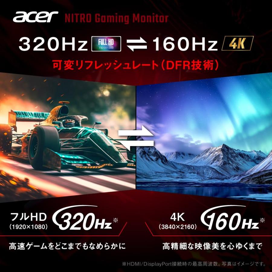 Acer 27インチ 可変リフレッシュレート 0.5ms 320Hz(FHD) 160Hz(4K) IPS 非光沢 DCI-P3 90% エルゴスタンド AMD FreeSyncの画像