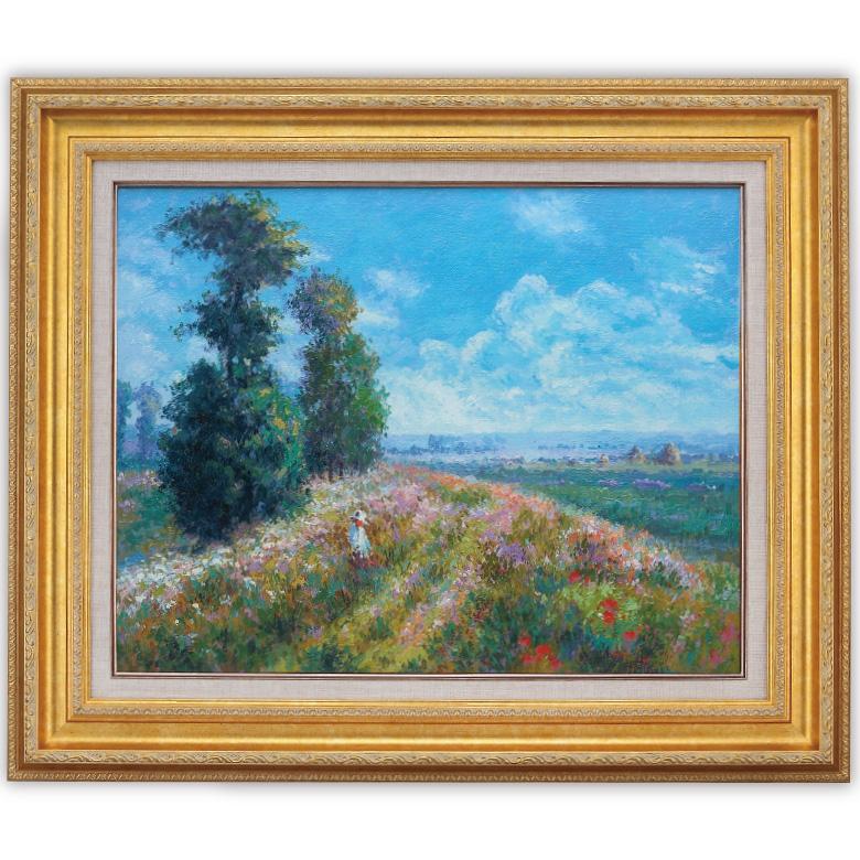 モネ ポプラと草原の散歩道 肉筆 手書き油絵複製画 6号 額付き