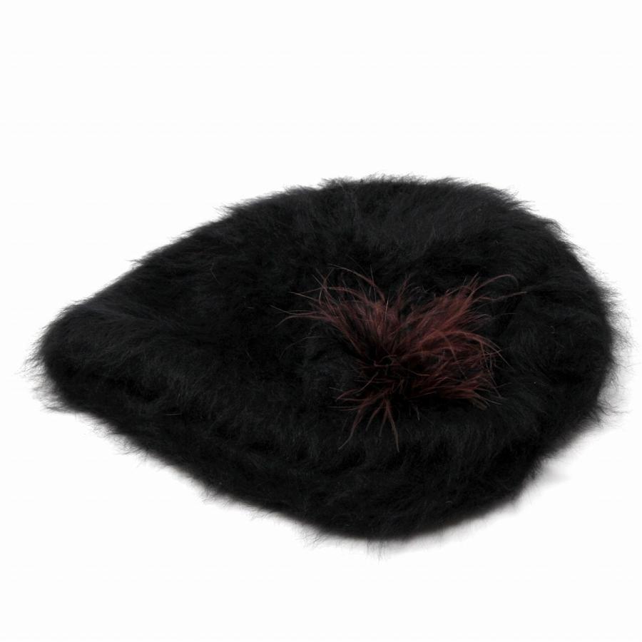 ニット帽 黒 アンゴラ ファー フード型 耳あて レディース 花の