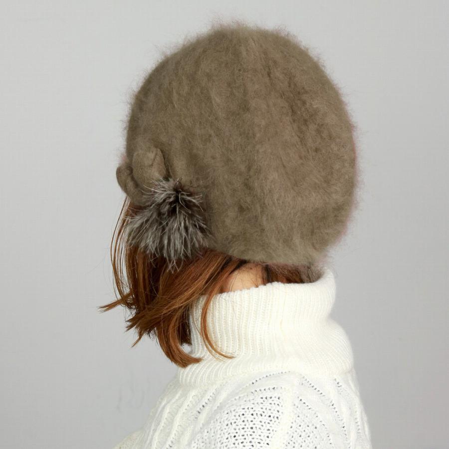 ふわふわ柔らかい アンゴラファー ニット ニット帽 ファー フラワー